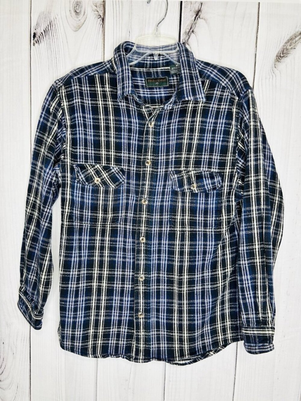 Field Stream Shirt Mens Sz M Blue Plaid Button Up Heavy Shacket Pockets Cotton